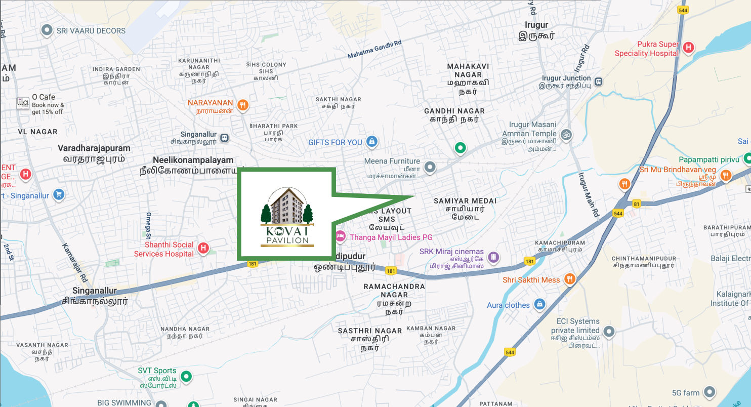 Location map showing Kovai Pavilion near Ondipudur, off Trichy Road, between Singanallur and Irugur