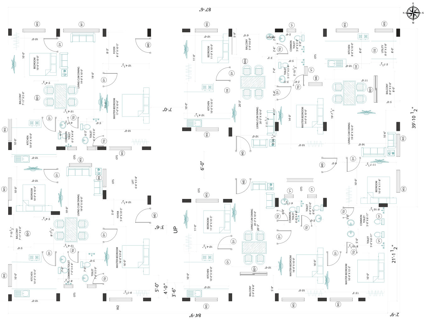 Typical floor plan showing five 2 BHK apartments around the lift and staircase