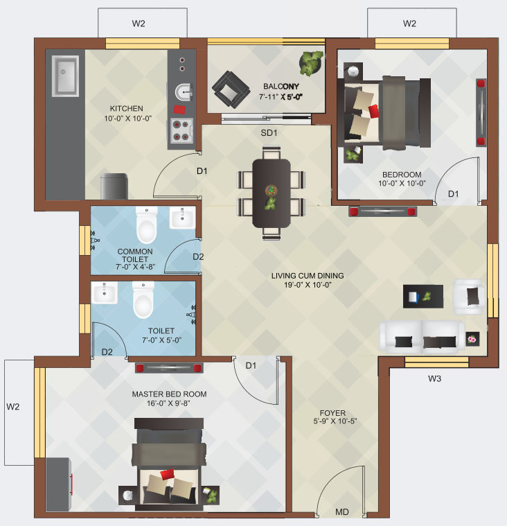 2 BHK floor plan for flats 101, 201, 301 and 401