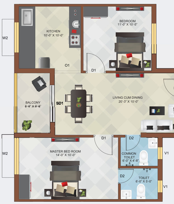 2 BHK floor plan for flats 102, 202, 302, 402 and 502