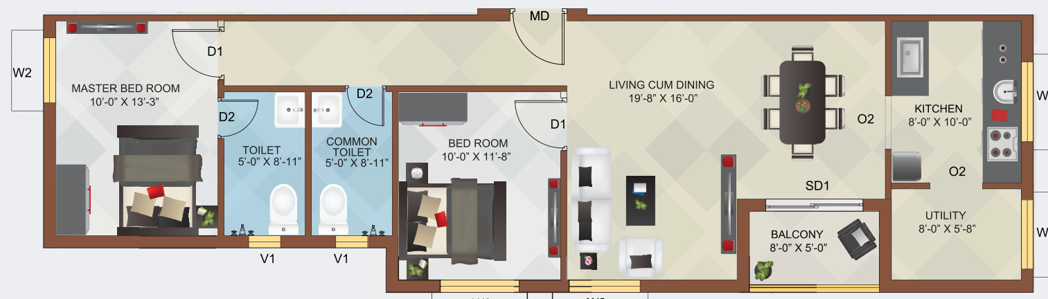 2 BHK floor plan for flats 103, 203, 303, 403 and 503