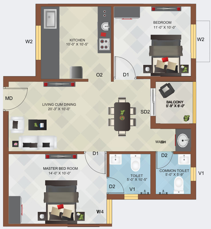 2 BHK floor plan for flats 104, 204, 304, 404 and 504