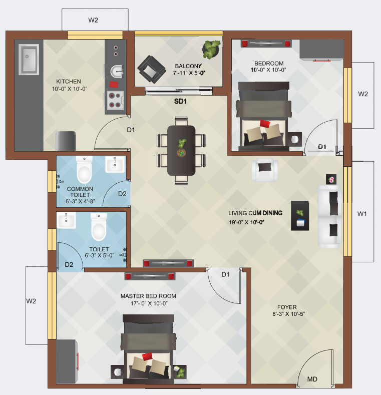 2 BHK floor plan for flats 105, 205, 305 and 405
